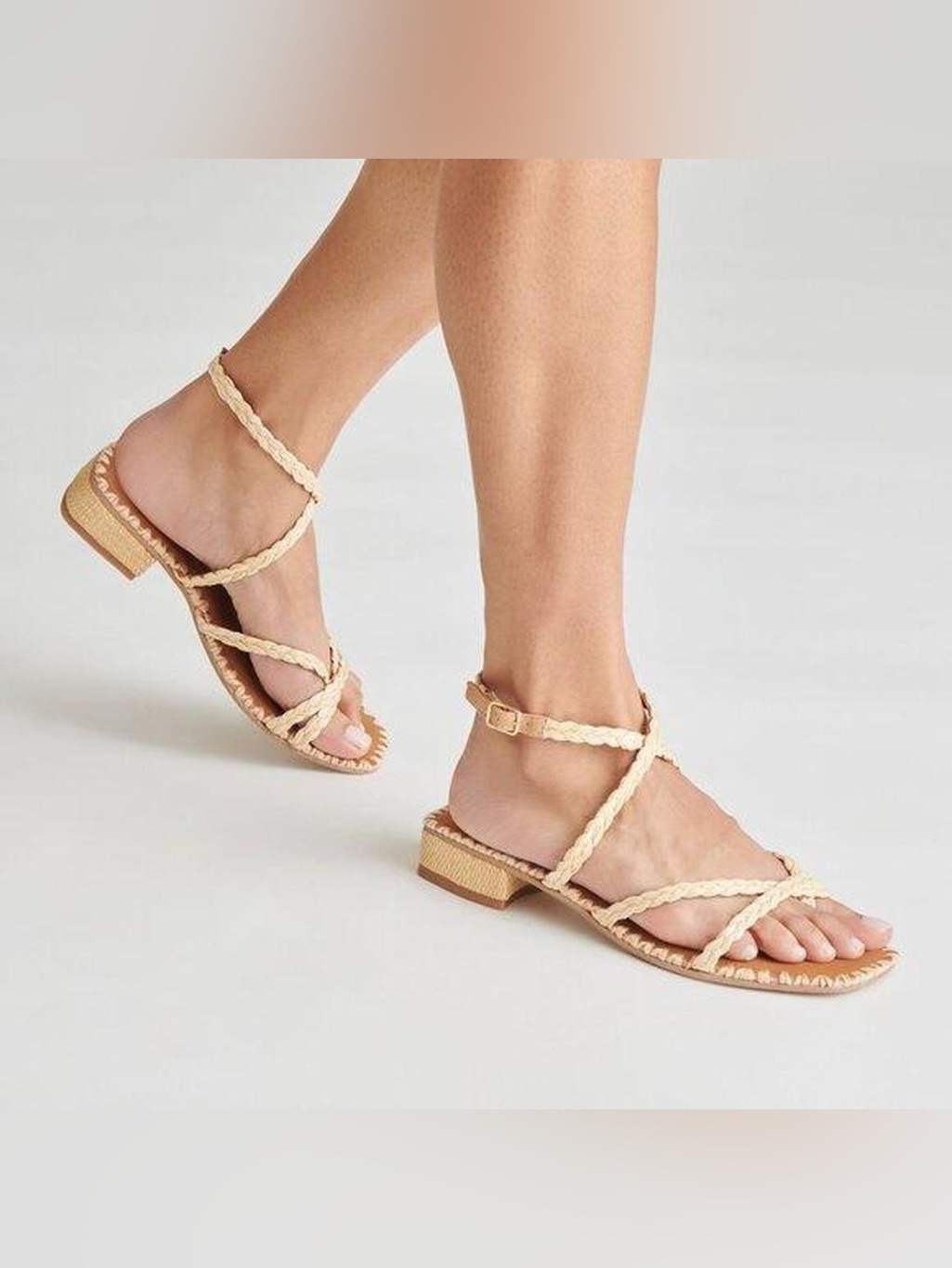 Braided Strappy Flat Sandals In Tan For Women